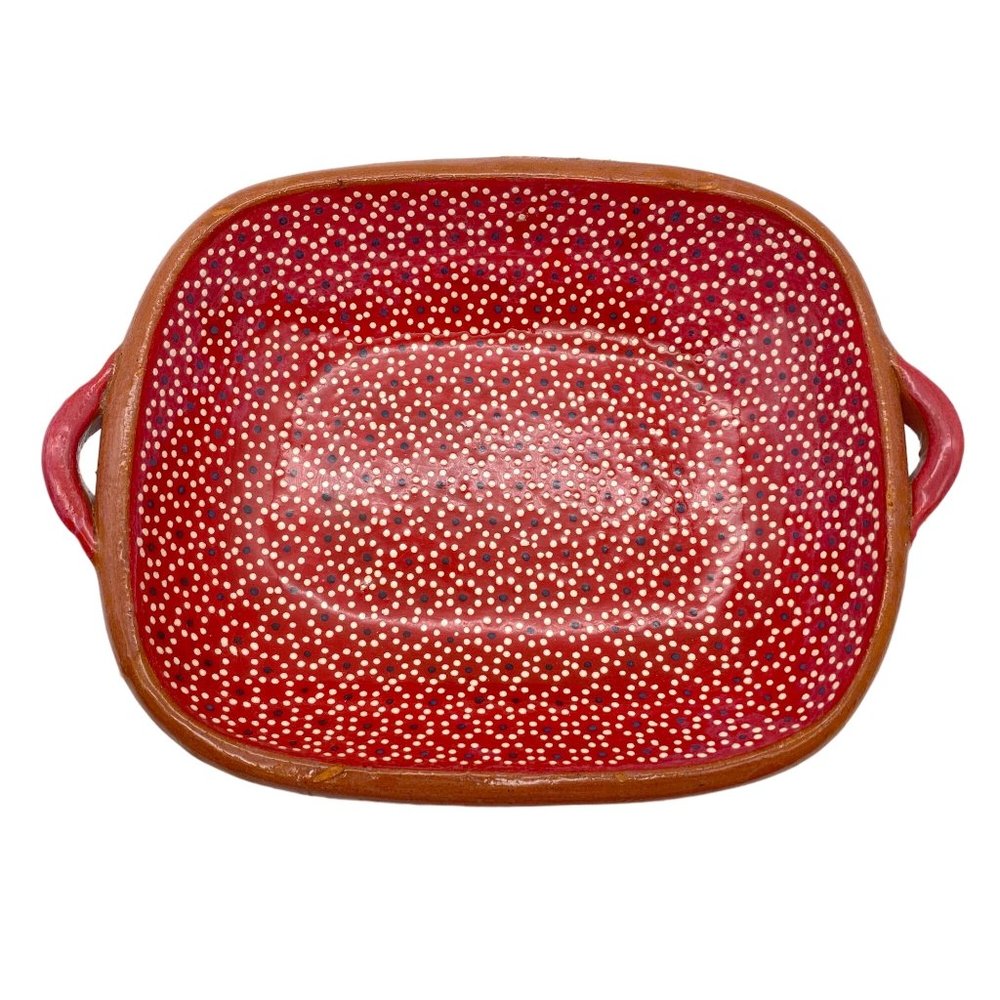 Stonewear Trinket Dish Red abstract floral print‎ handmade Artisan